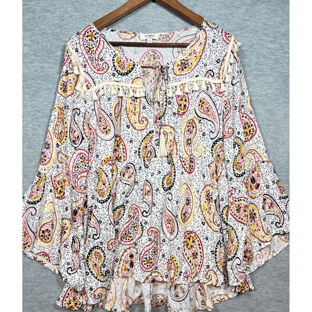 UMGEE Womens Top L Paisley Tassels Tie Neck Bell Sleeve Tiered Boho Tunic